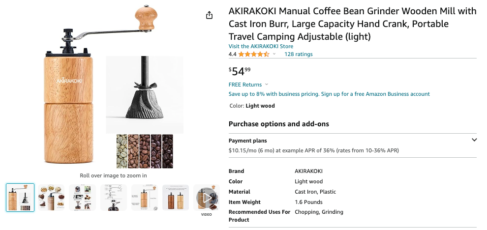 AKIRAKOKI® Manual Coffee Bean Grinder Light Wooden Cast Iron Burr - A15N