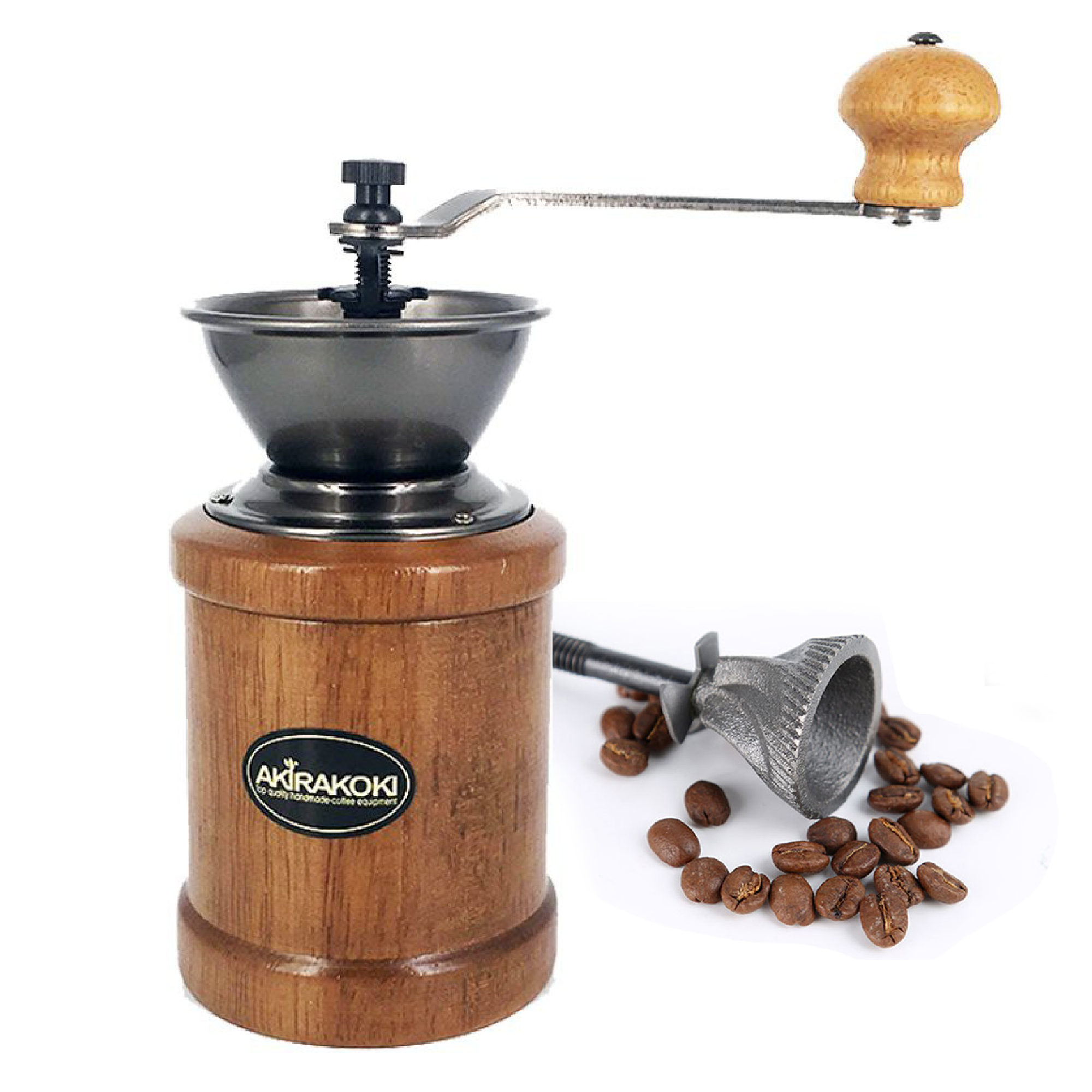 Akirakoki Manual Coffee Grinder Wood Coffee Mill with Cast Iron Burr, Large Capacity Wooden Hand Crank, Portable Adjustable (Light Wood)