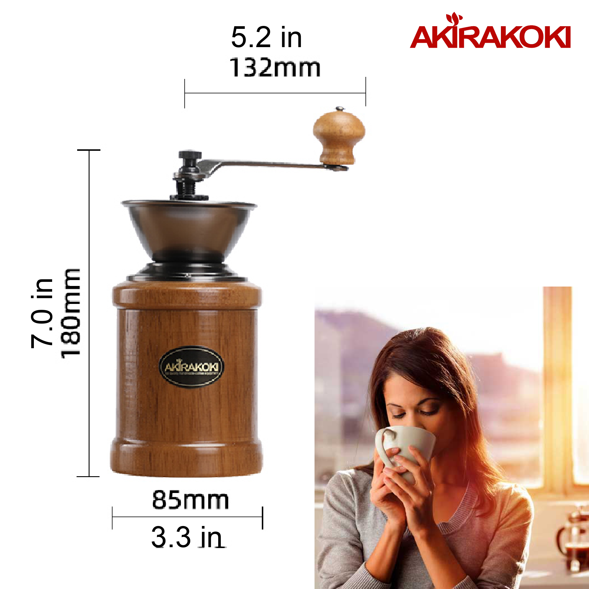 AKIRAKOKI Manual Coffee Bean Grinder - Wooden Mill with Cast Iron Burr - A13