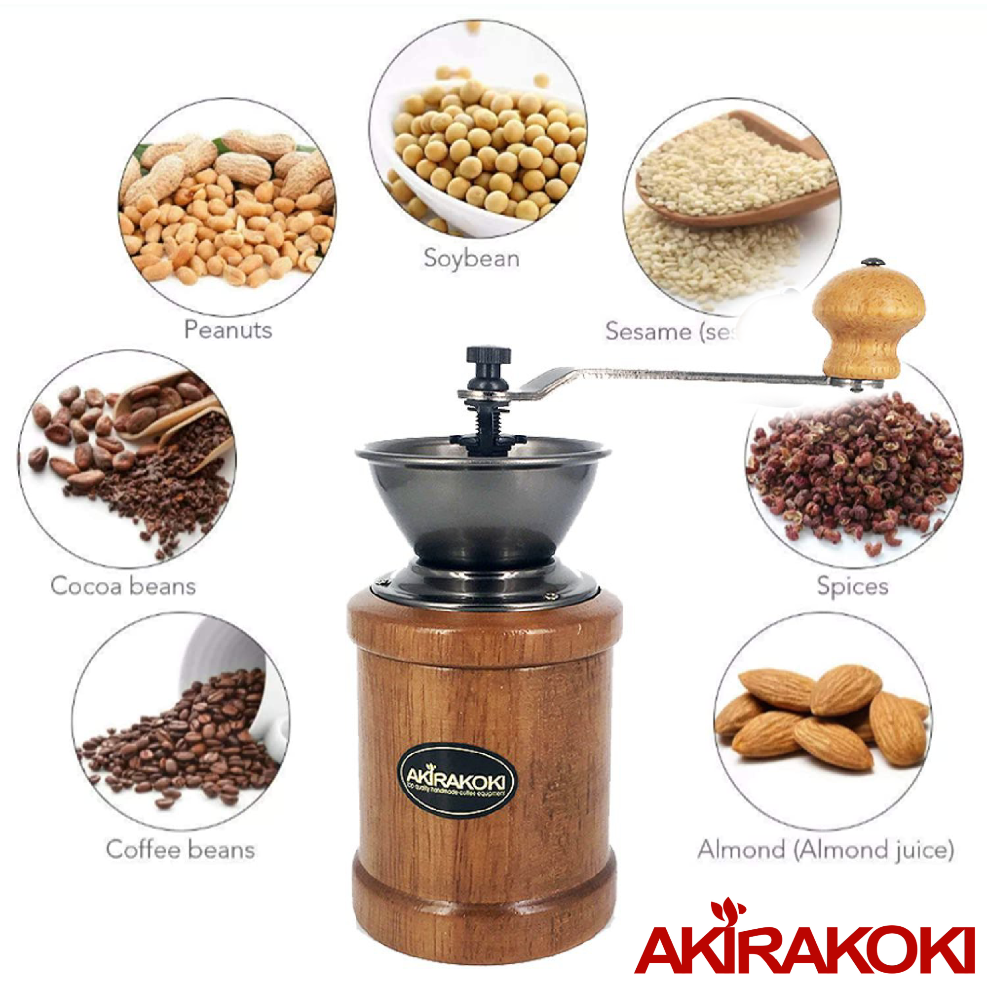AKIRAKOKI® Manual Coffee Bean Grinder Wooden Mill Cast Iron Burr - A13