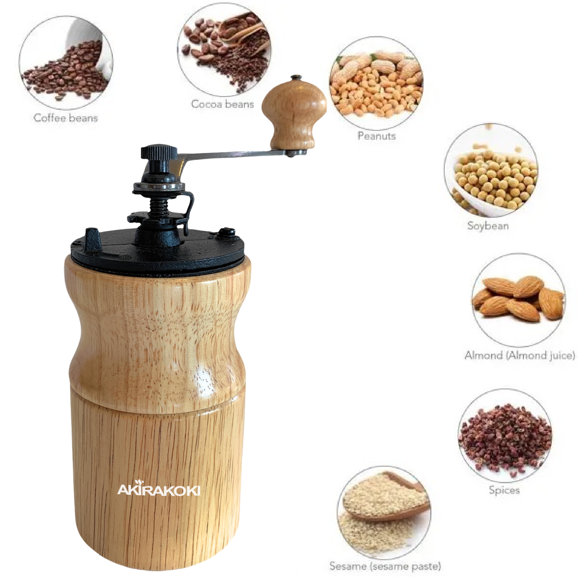 AKIRAKOKI Manual Coffee Bean Grinder Wooden Cast Iron Burr A17