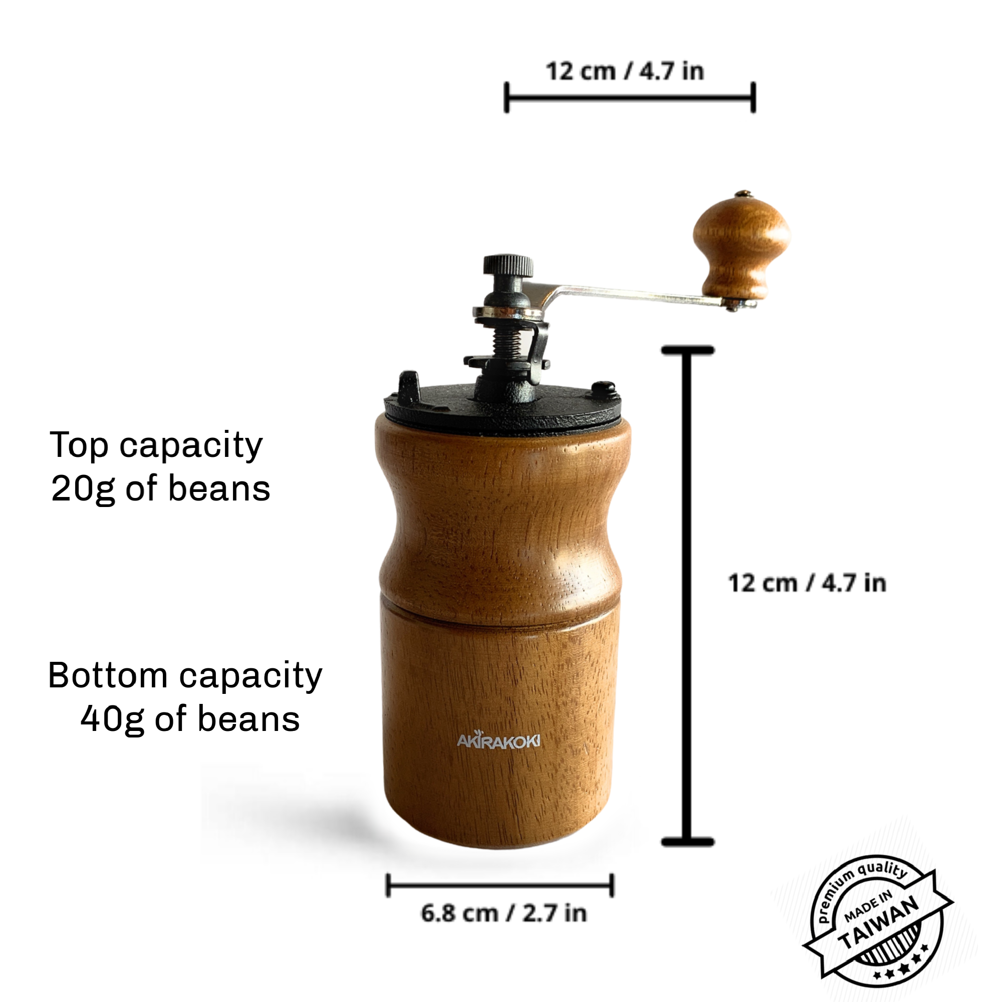 Wooden Manual Coffee Grinder, Cast Iron Burr, Large Capacity