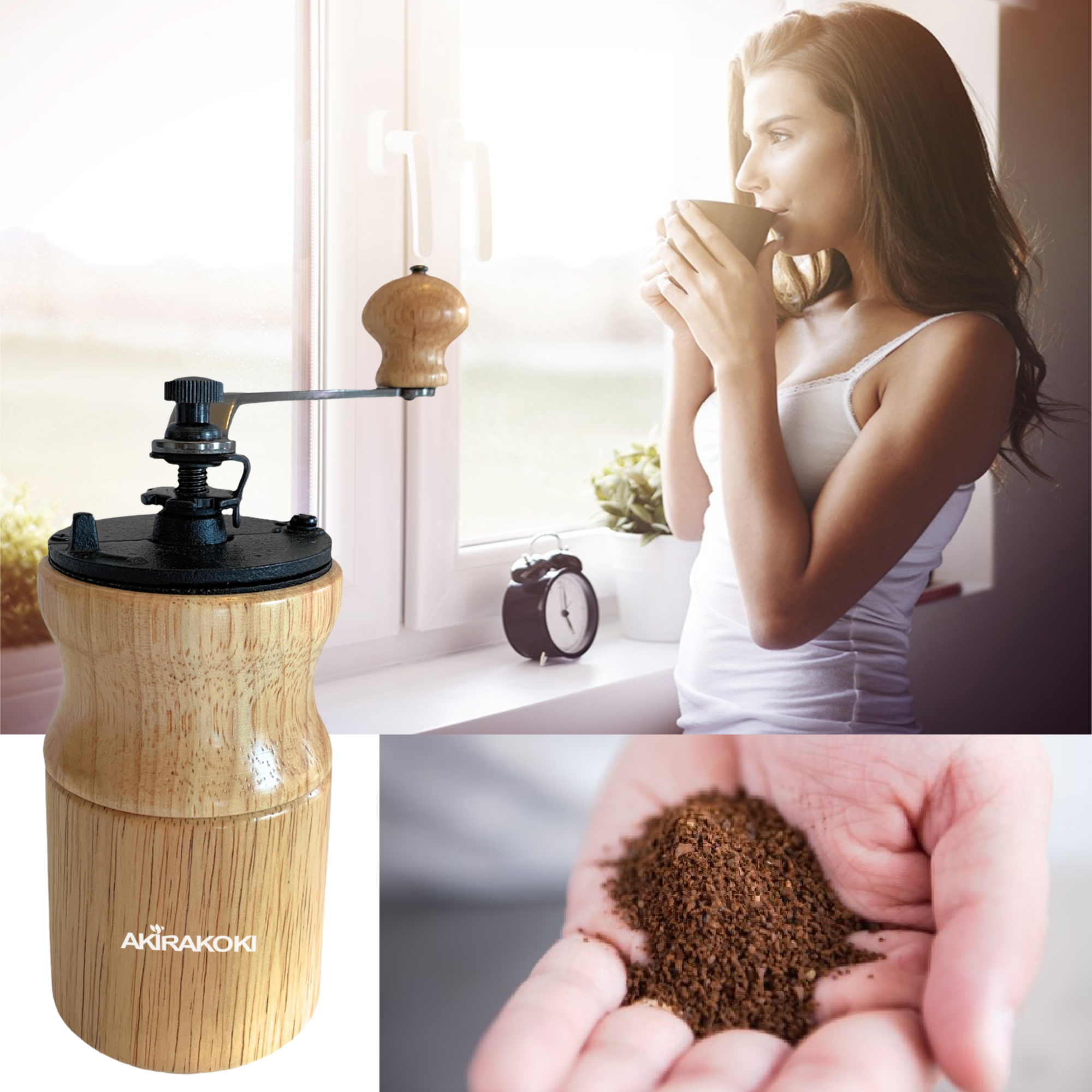AKIRAKOKI® Manual Coffee Bean Grinder Light Wooden Cast Iron Burr