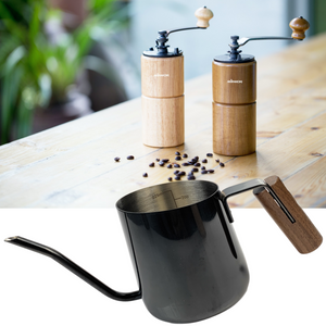 AKIRAKOKI Spout Drip Kettle Built-In Measuring Scale, Durable Black Titanium Coated, Gooseneck Hand Pour Over Pot Teak Wood Handle