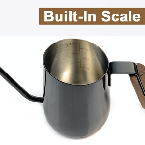 AKIRAKOKI Spout Drip Kettle Built-In Measuring Scale, Durable Black Titanium Coated, Gooseneck Hand Pour Over Pot Teak Wood Handle