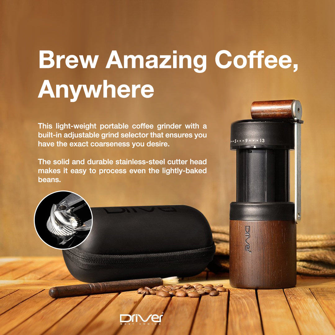 Manual Coffee Grinder, Dual Bearing Expandable Whole Bean Wood Handy Size Juglans Nigra Stainless Steel Burr 30g by Driver, Portable Travel for